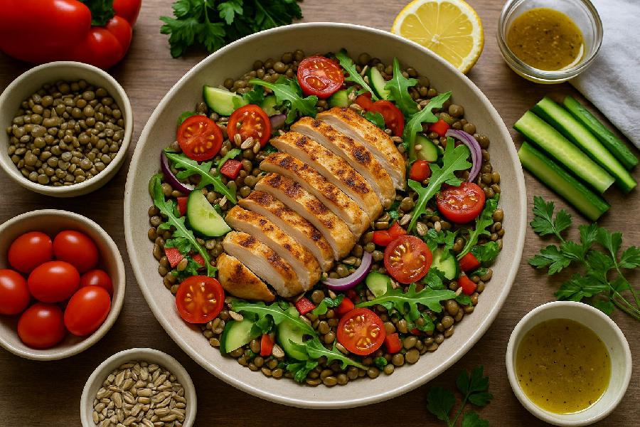 Čočkový salát s kuřecím masem – rychlý, sytý a opravdu zdravý