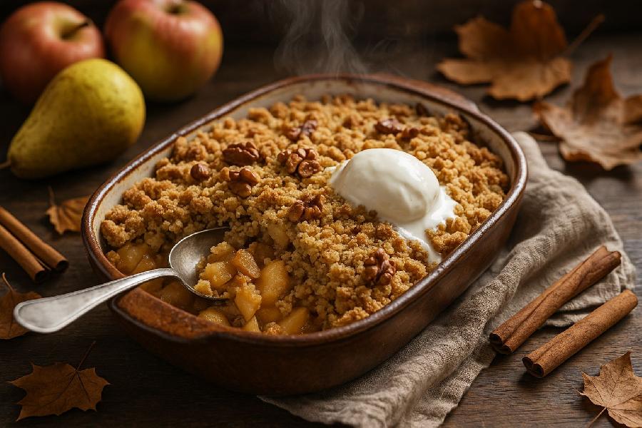 Jablečno-hruškový crumble se skořicí a vlašskými ořechy
