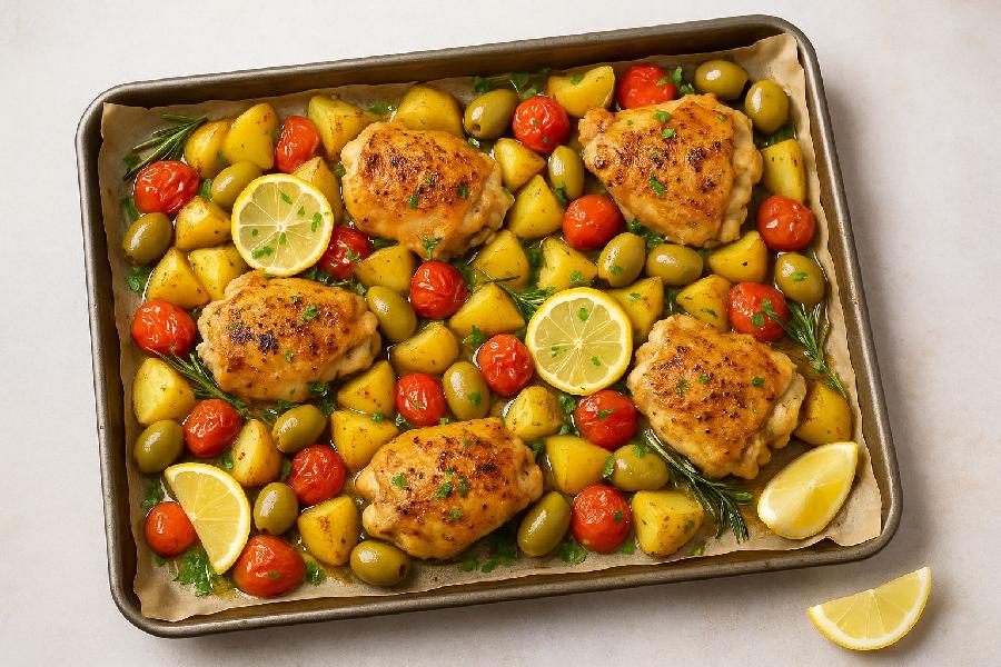 Recept: Středomořská „plechovka“: kuře na citronech s bramborami, olivami a bylinkami