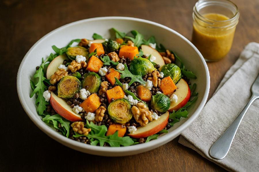 Teplý podzimní salát z pečené dýně, čočky a jablek: zdravé pochutnání v sychravých dnech